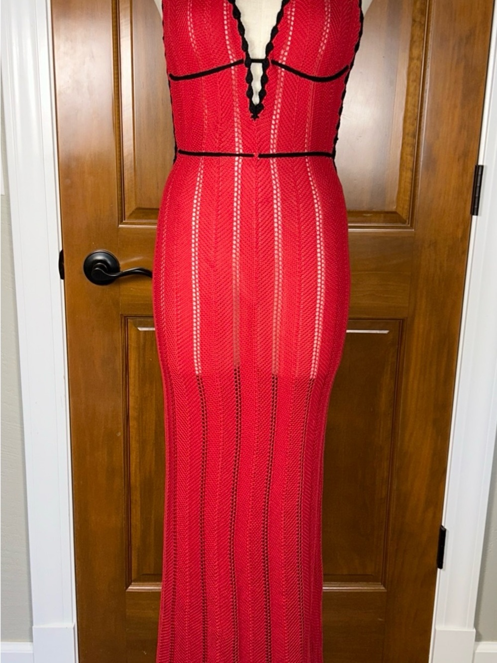 Red Sleeveless knit Maxi Dress with Black Trim Accents